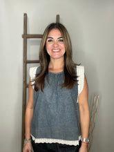 Cargar imagen en el visor de la galería, DENIM SLEEVELESS BLOUSE WITH LACE TRIM
