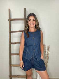 Denim Button Up Split Hem Vest And Shorts Set