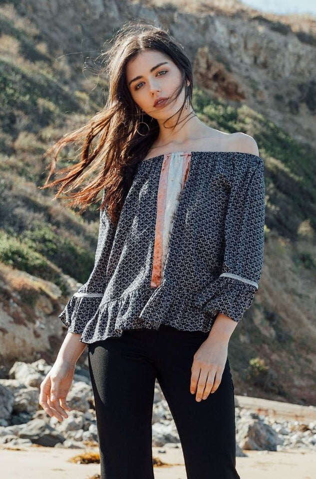 Off Shoulder Print Top with Velvet