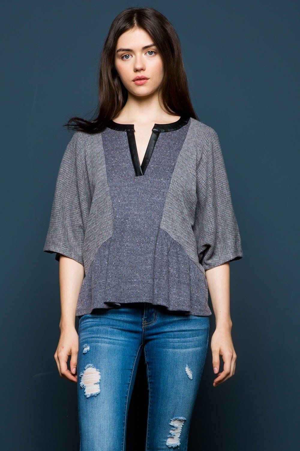 Contrast Dolman Top with Leather Neckline