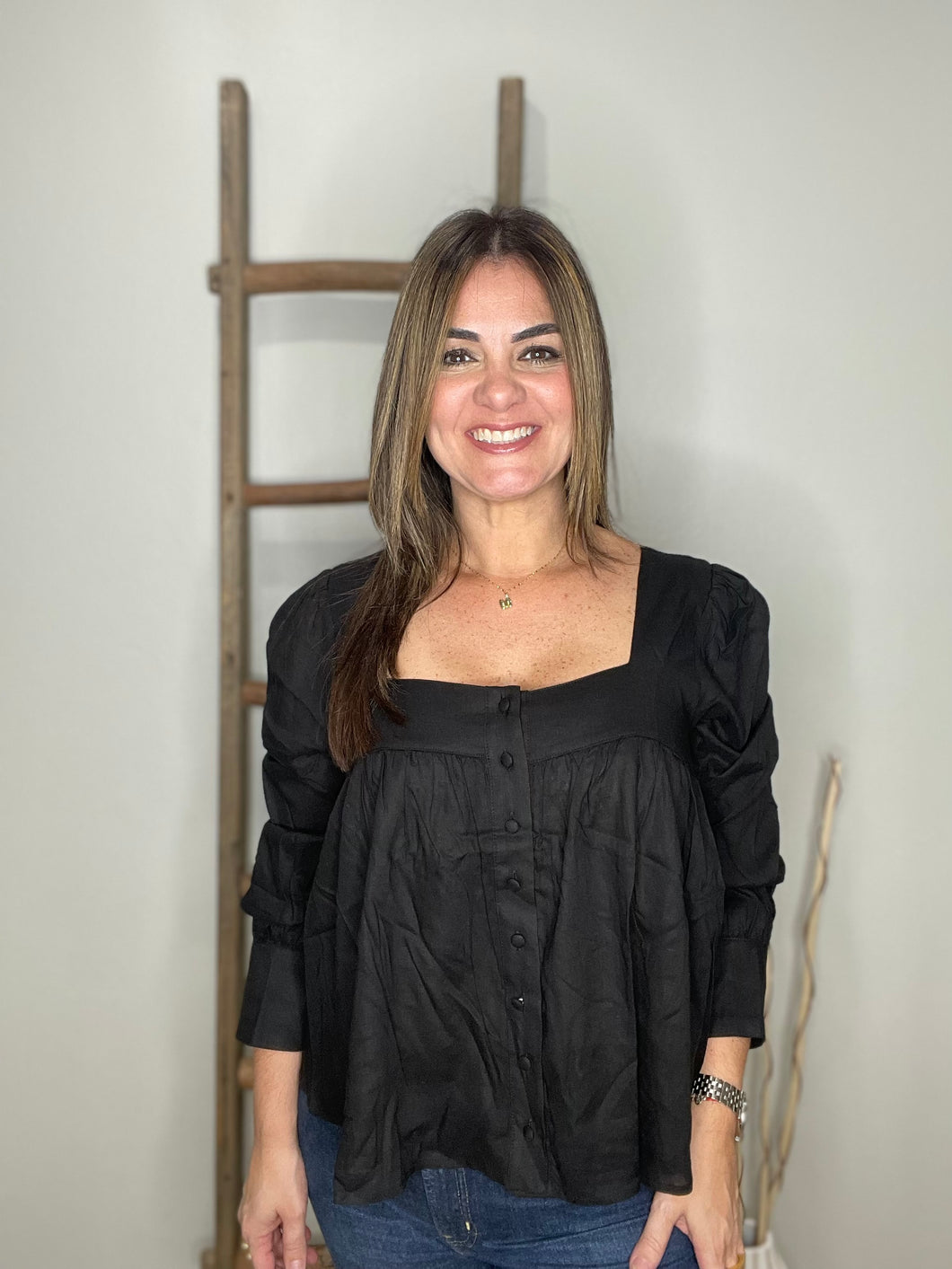 SQUARE NECK BUTTON DOWN BLOUSE TOP