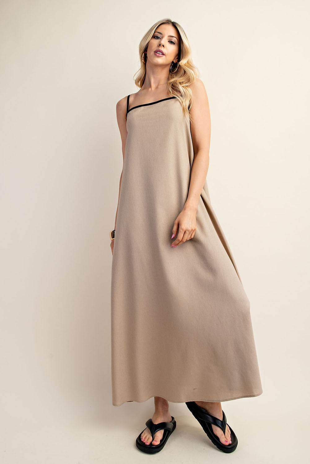 Contrast Piping Linen Midi Dress