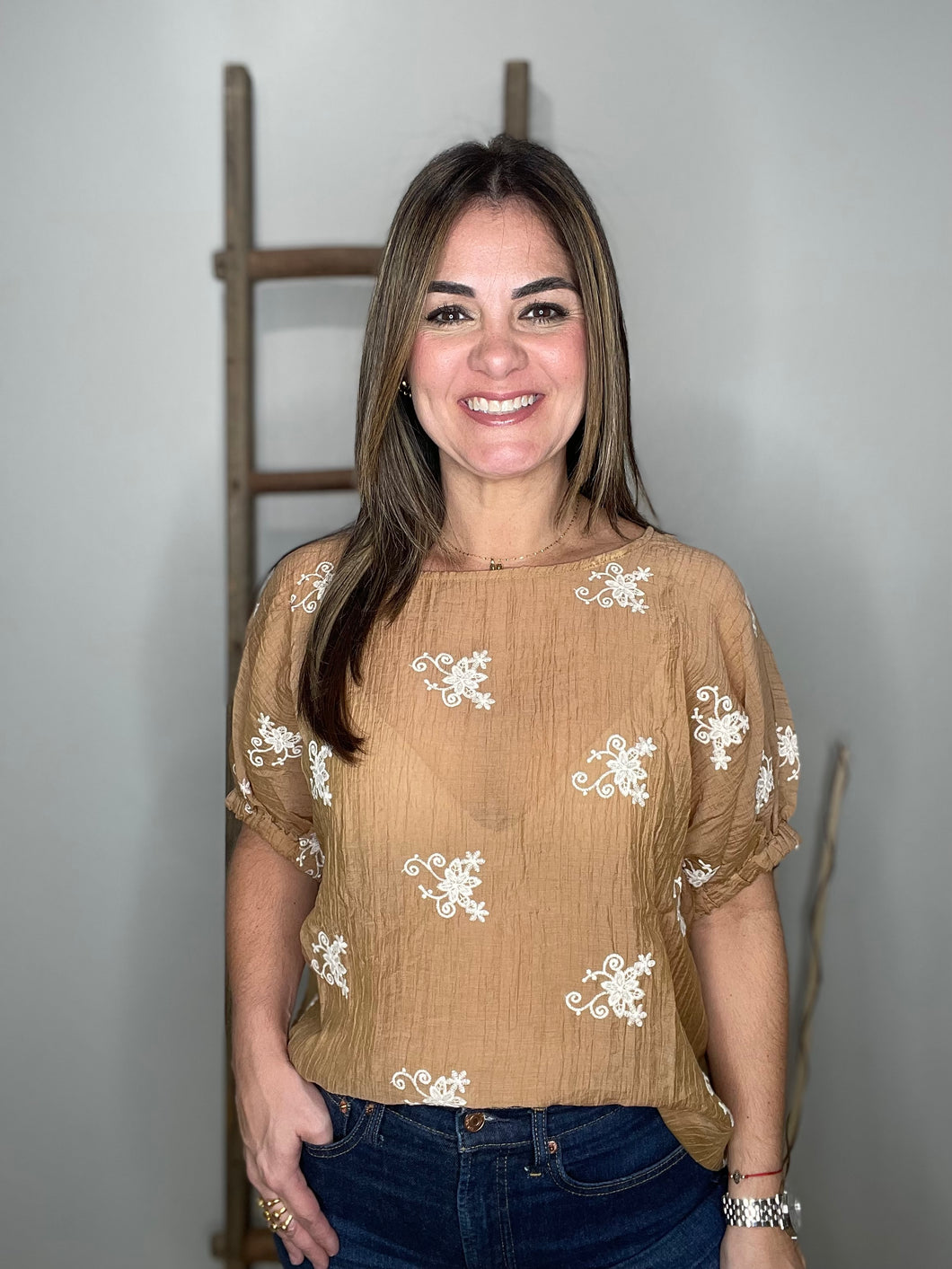 Embroidered Dolman Sleeve Top - Cappuccino