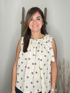 POLKA DOT TIE-SHOULDER SLEEVELESS BLOUSE