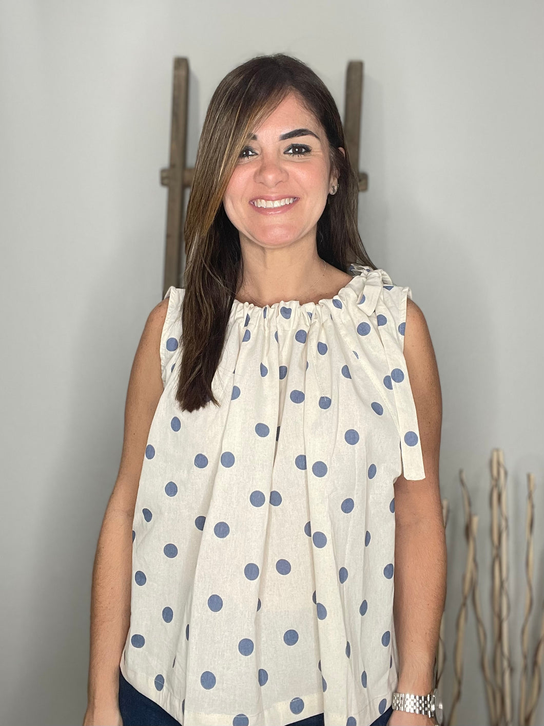 POLKA DOT TIE-SHOULDER SLEEVELESS BLOUSE