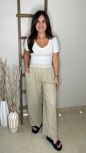 Contrast detailing folded waistband linen long pants