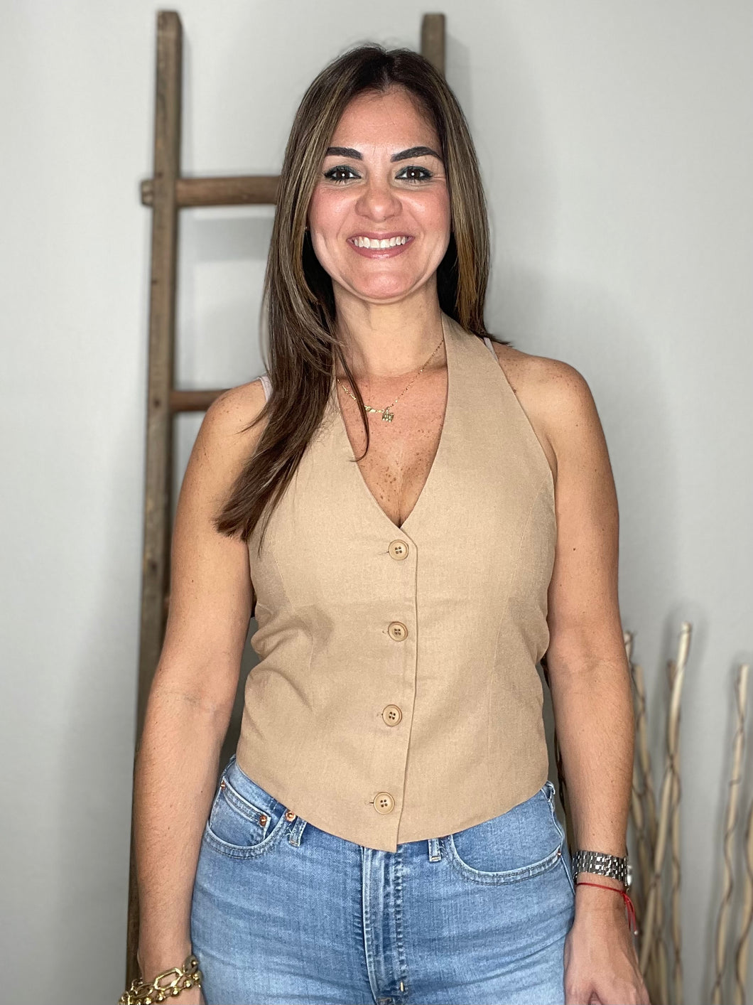 Solid Halter Button Down Vest