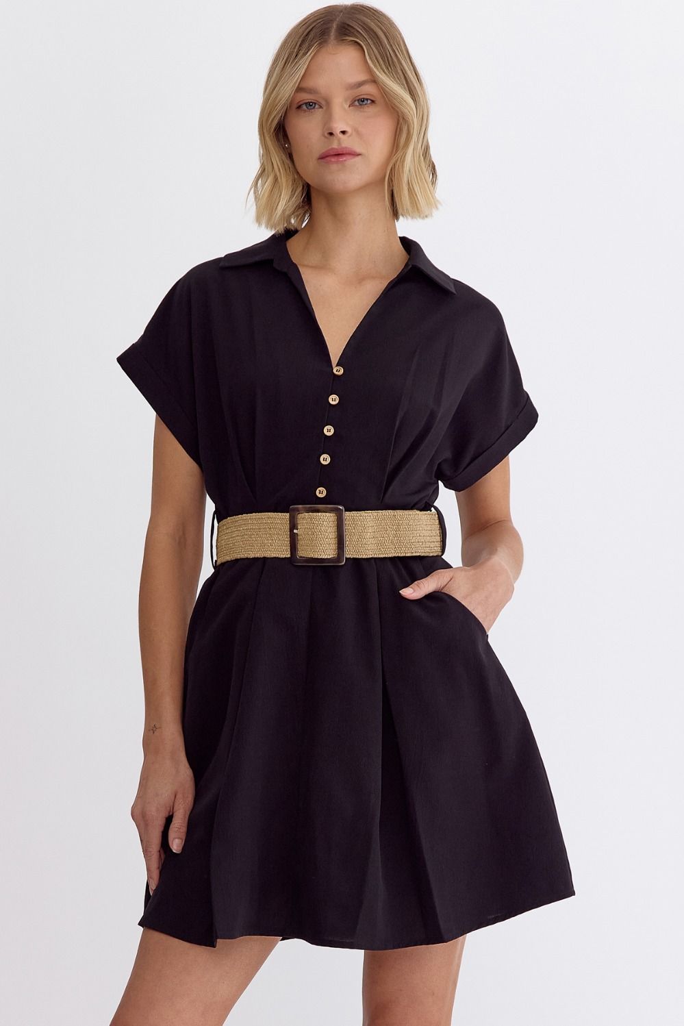 Solid collared button up mini dress