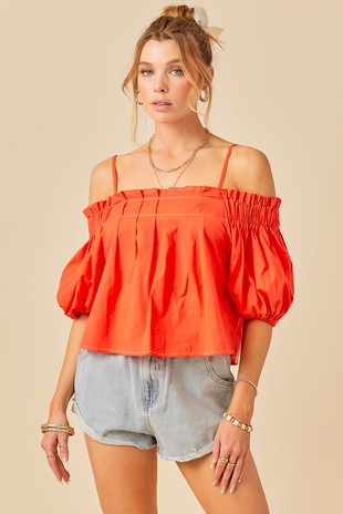 OFF SHOULDER PLEATED TOP WITH CONTRAST STITCH