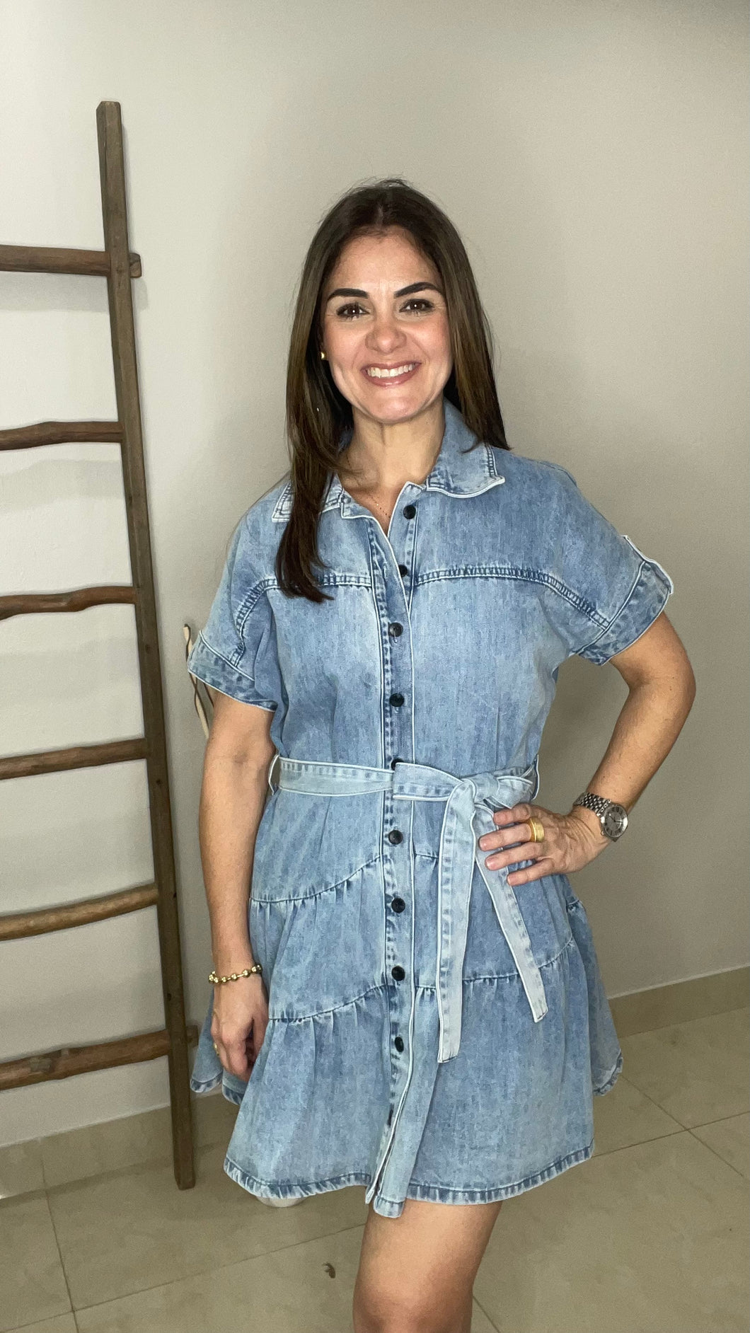 Tiered Denim Button Down Mini Dress