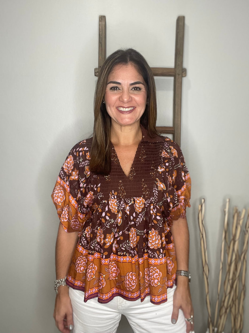 Boho print short puff sleeve top