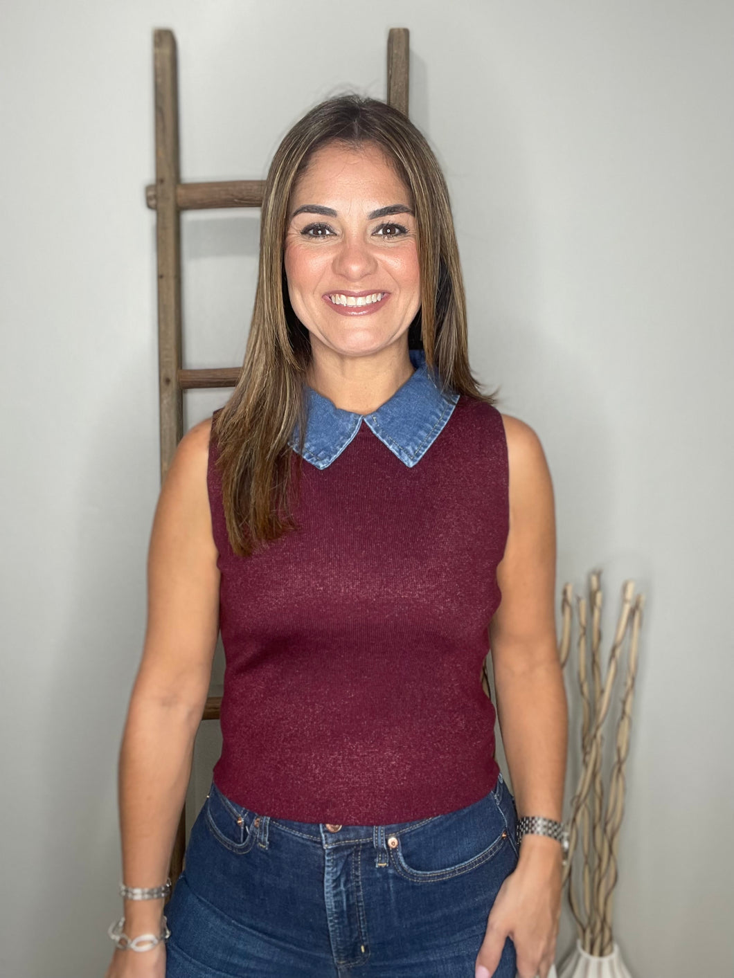 Denim Collar Sweater Vest - Fig