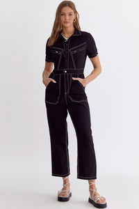 Solid utility button down collared jumpsuit