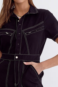 Solid utility button down collared jumpsuit