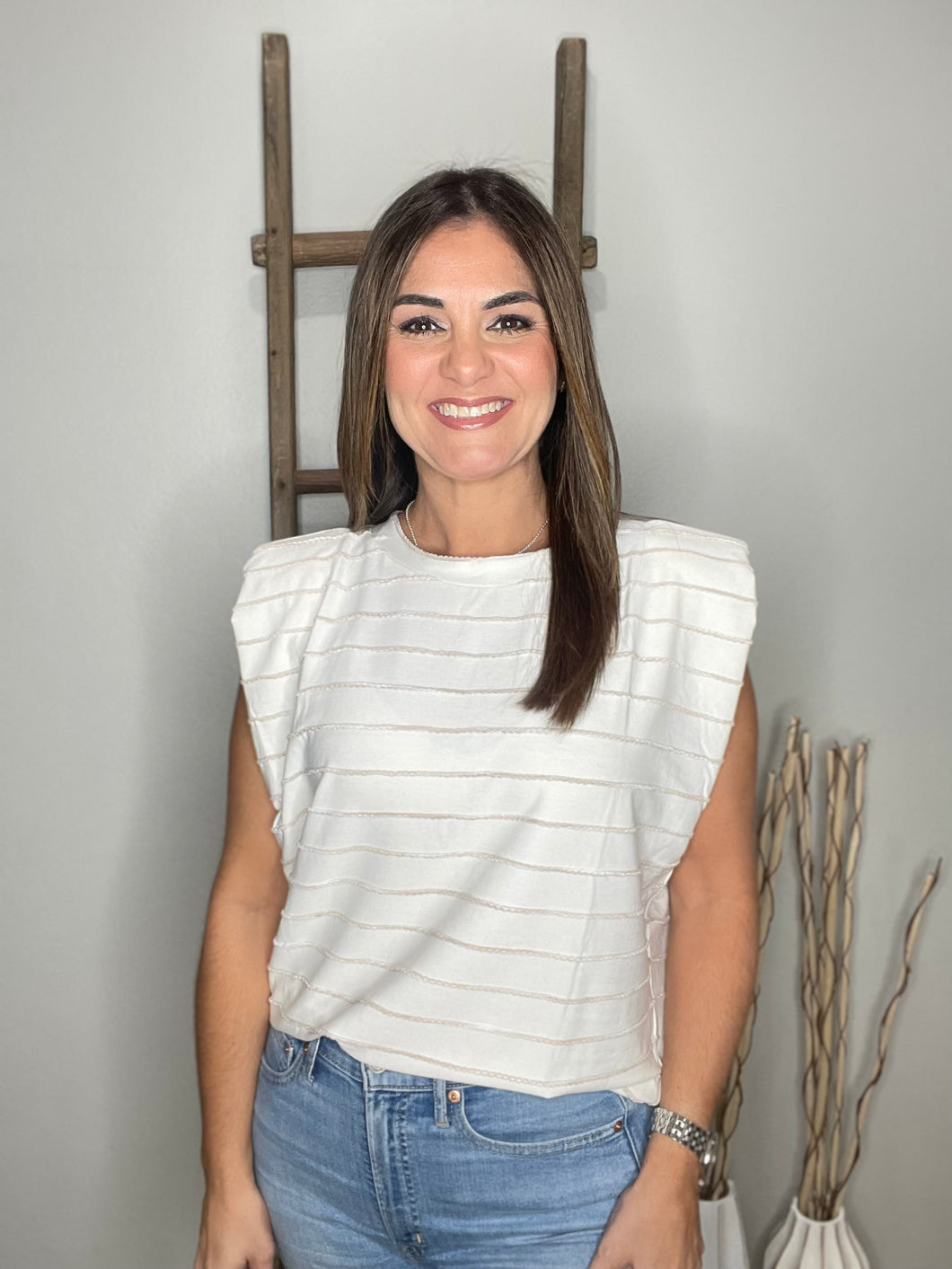 Shoulder Pad Stripe Knit Muscle Tee