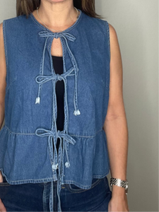Denim Bow-tie Top With Peplum Hem