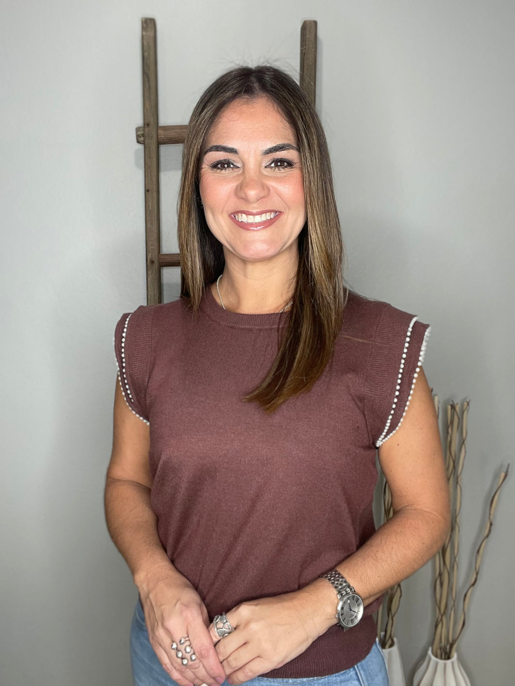 Pearl Trim Sleeveless Knit Sweater Top