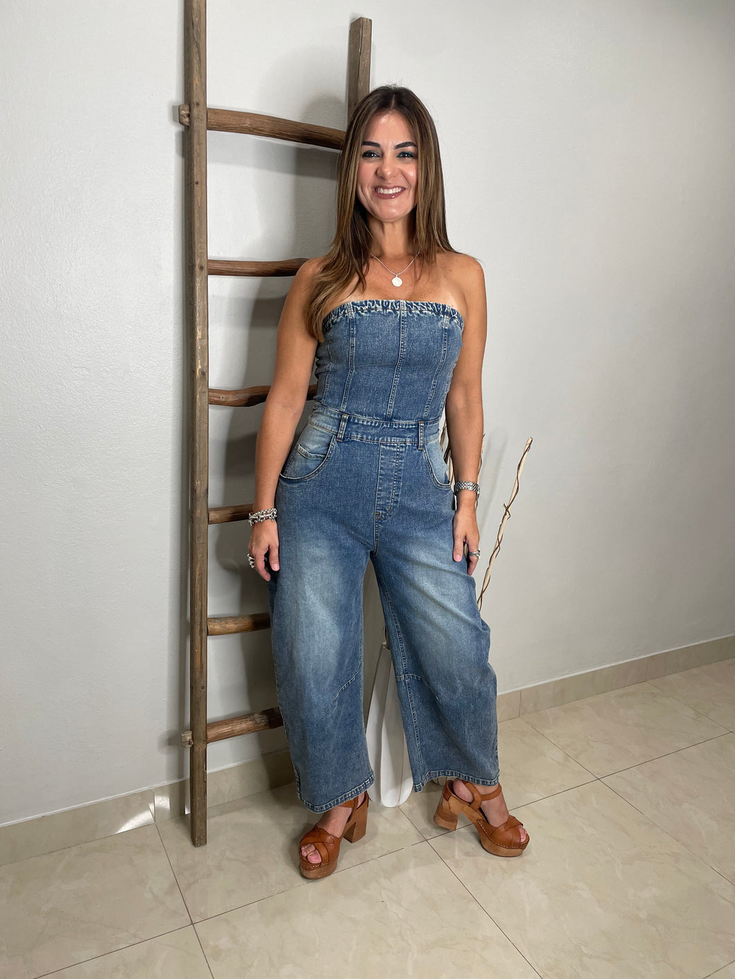 Strapless Barrel Denim Jumpsuit