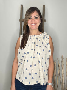 POLKA DOT TIE-SHOULDER SLEEVELESS BLOUSE