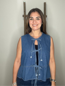 Denim Bow-tie Top With Peplum Hem