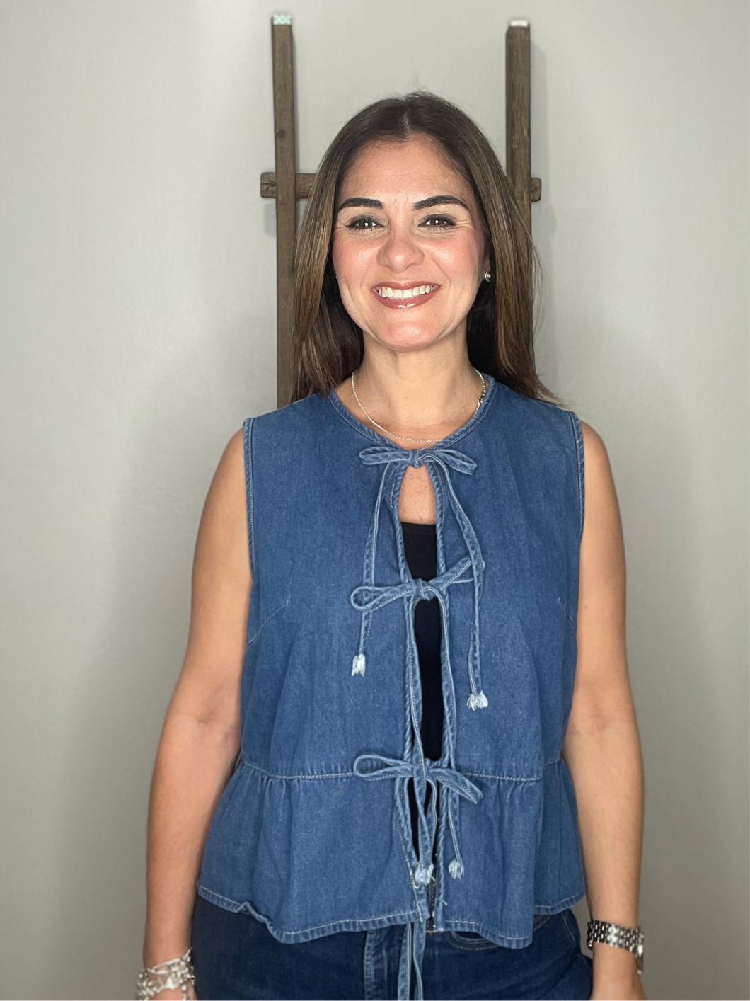 Denim Bow-tie Top With Peplum Hem