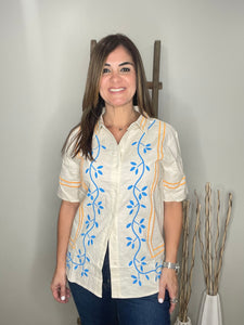 Floral Embroidery Collar Shirt