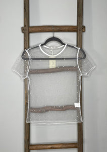 Pearl Beaded Sheer Mesh Short Sleeve Top