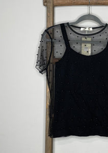 Pearl Beaded Sheer Mesh Short Sleeve Top