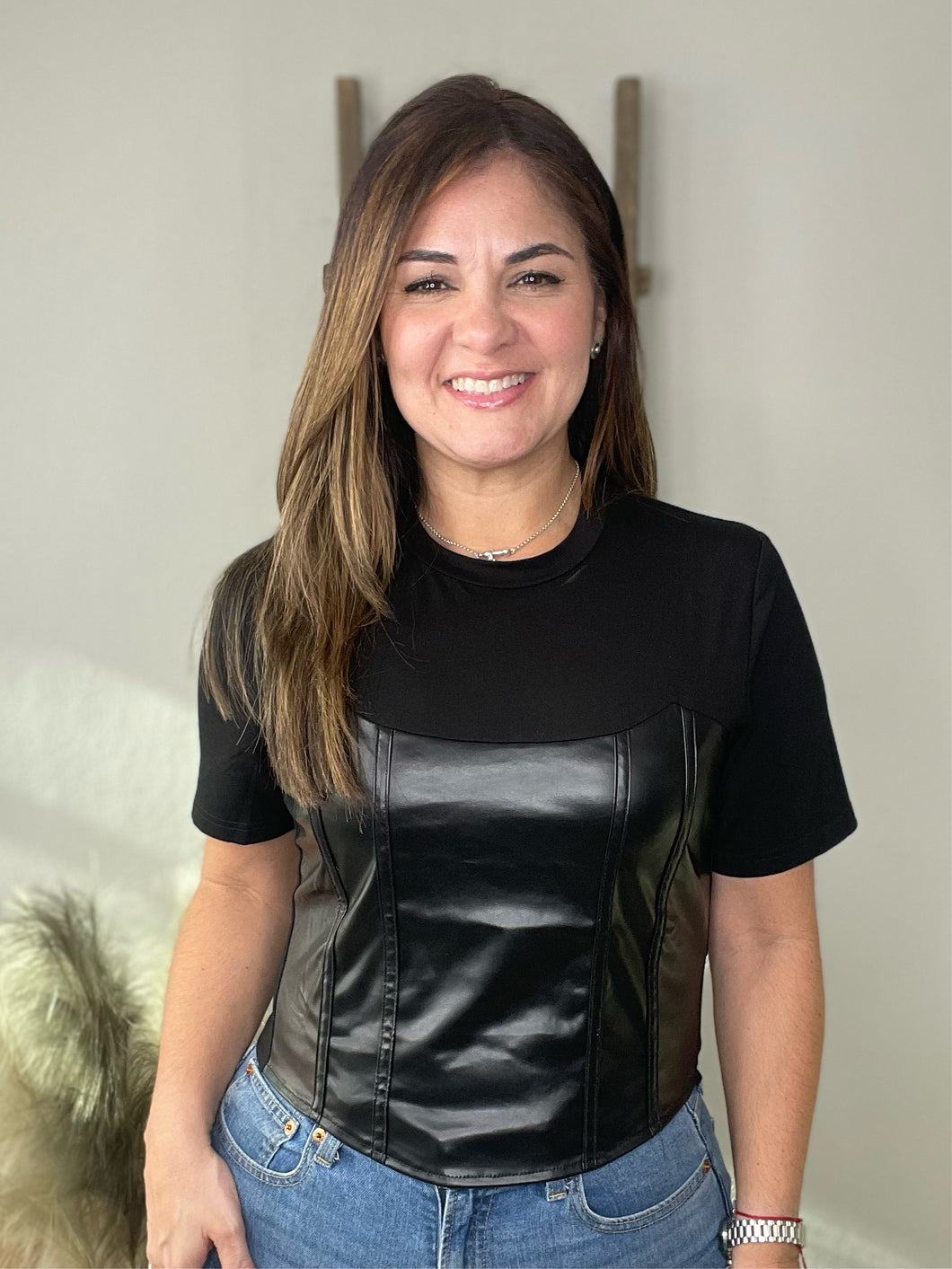 Faux Leather Contrast Corset Front Tee